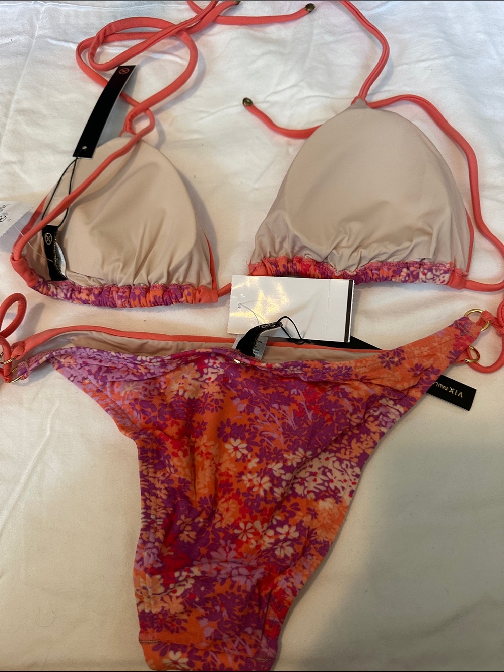 Vix Coral Pink & Purple Floral Studded Triangle Bikini - Picture 4 of 4